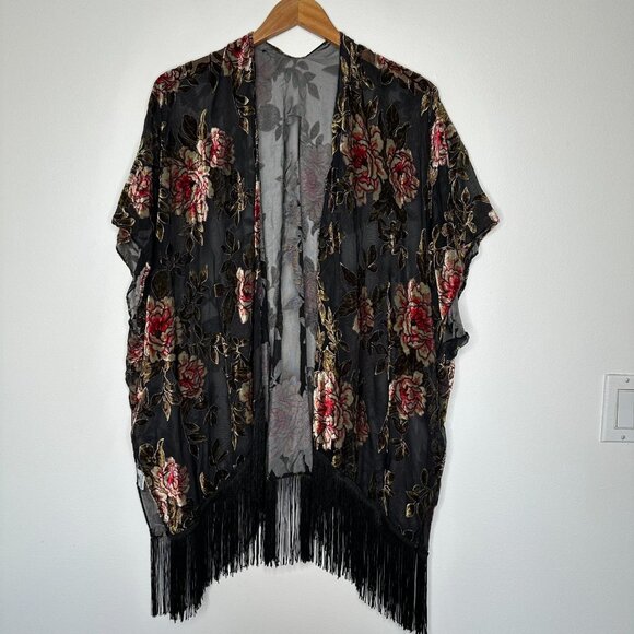 Jessica McClintock Kimono OS Black Velvet Burnout Floral Fringe - Picture 1 of 9